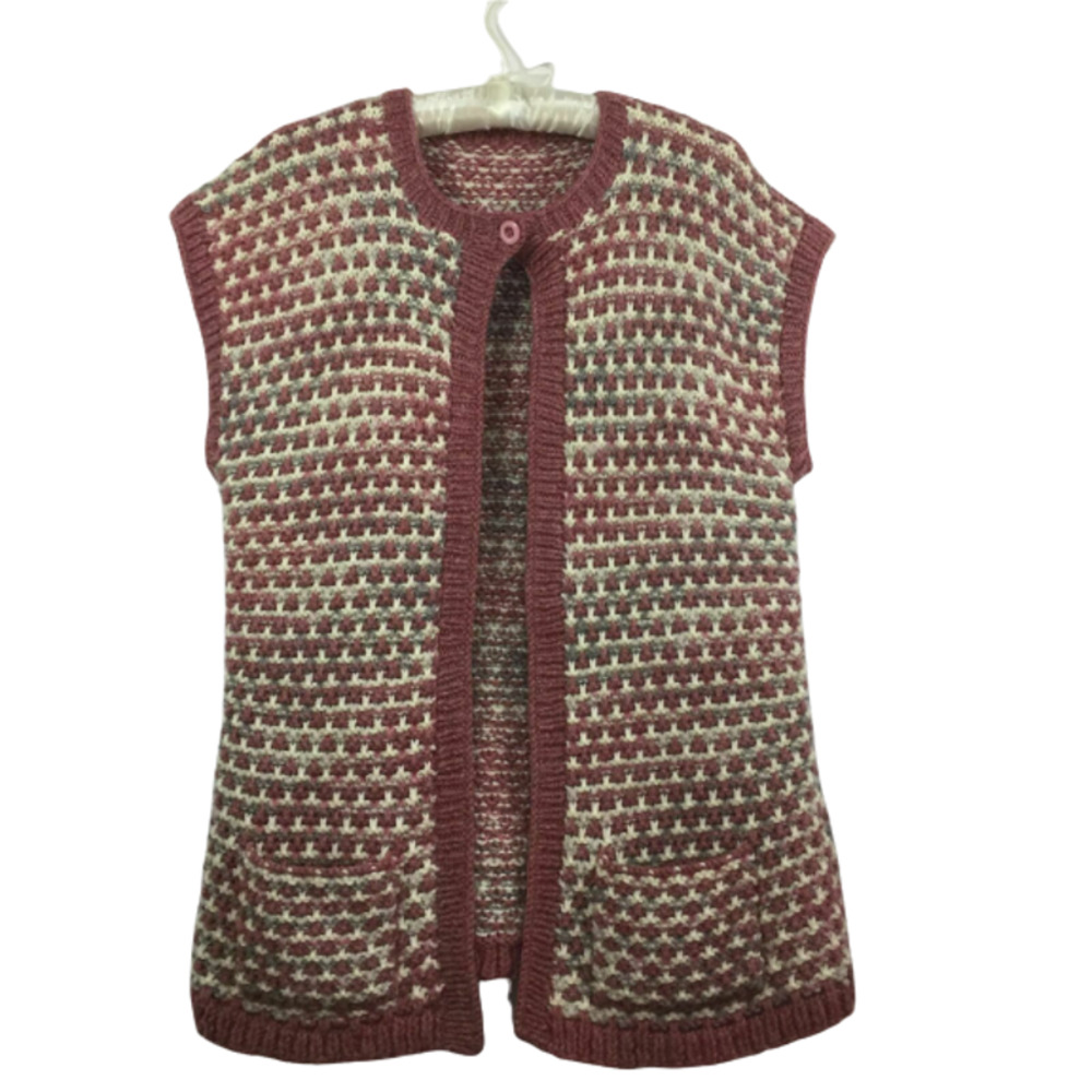Handmade Open Front Vest Pink White Chunky Knit Sleeveless Cardigan Women Sz S